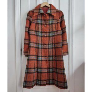 90s vintage wool coat women, orange plaid long coat